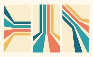 Retro lines vertical background set. Vintage path wallpaper. Colorful perspective stripes design. vector