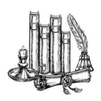 An ancient manuscript. black and white graphics with images of books, scrolls, candles and ink with a pen. Hand-drawn illustration on a white background. For postcards, flyers, posters, banners vector