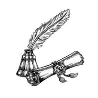 An ancient manuscript, a scroll sealed with a seal and an inkwell with a pen. black and white graphics. Hand-drawn illustration on a white background. For postcards, flyers, posters, stickers. vector