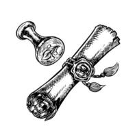 An ancient scroll sealed with a seal and a sealing wax stamp. black and white graphics. Hand-drawn illustration on a white background. A design element for postcards, flyers, posters, stickers. vector