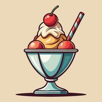 Delicious ice cream sundae with cherries and a straw in a bowl vector