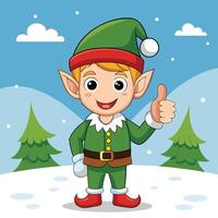 Happy elf giving a thumbs up with snow and trees in the background vector