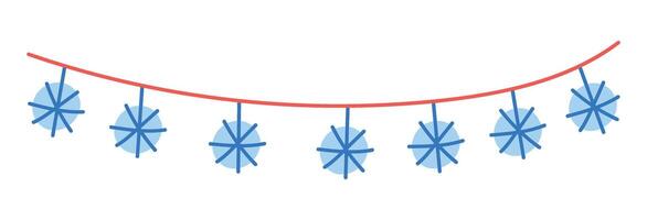 Christmas blue and red garland with triangle flags on string. Decorative pennant banner with snowflakes. Flat illustration isolated on white background. vector