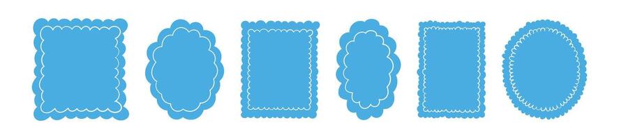 Blue Rectangle stamp with wavy edges and circular burst details. Icons for labels and stickers. Flat illustration isolated on white background. vector