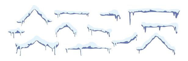 Collection of fluffy clouds in motion with dripping peaks. Snowy winter border with pile of snowflakes and icy drifts. Flat illustration isolated vector