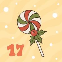 Xmas candy with holly isolated on yellow background. Christmas advent calendar design, day 17. Groovy style illustration vector
