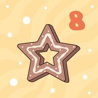 Xmas gingerbread star isolated on yellow background. Christmas advent calendar design, day 8. Groovy style illustration vector