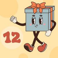 Groovy Gift character isolated on yellow background. Christmas advent calendar design, day 12 vector