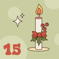 Xmas candle with bow and holly isolated on green background. Christmas advent calendar design, day 15. Groovy style illustration vector