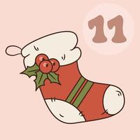Xmas sock isolated on pink background. Christmas advent calendar design, day 11. Groovy style illustration vector