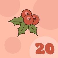 Xmas holly isolated on orange background. Christmas advent calendar design, day 20. Groovy style illustration vector