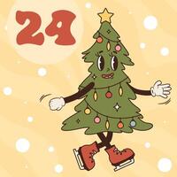 Xmas tree character with lights isolated on yellow background. Christmas advent calendar design, day 24. Groovy style illustration vector
