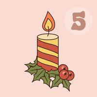 Xmas candle with holly isolated on pink background. Christmas advent calendar design, day 5. Groovy style illustration vector