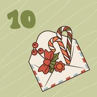 Xmas envelope with bow, candy canes and bow. Christmas advent calendar design, day 10. Groovy style illustration isolated on green background. vector