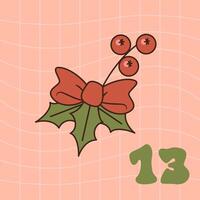 Xmas bow with holly isolated on orange background. Christmas advent calendar design, day 13. Groovy style illustration vector
