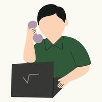 A person on a phone call while using a laptop. vector