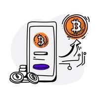 Flat artwork showcasing a Bitcoin transfer concept with a phone interface and blockchain connections vector