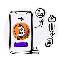Blockchain and Bitcoin transfer concept, featuring a mobile app interface and cryptocurrency coin visuals vector