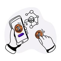 Flat Illustration of a Cryptocurrency Transaction Concept. Features a hand holding a smartphone with a bitcoin icon on the screen, while another hand places a bitcoin coin vector
