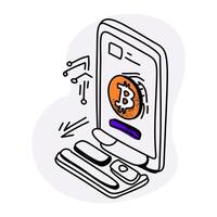 Digital Bitcoin transaction illustration with a focus on mobile app functionality and blockchain integration vector