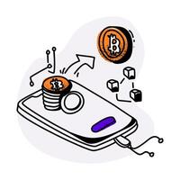 interacting with a mobile wallet and a blockchain network in a clean, minimalistic style vector