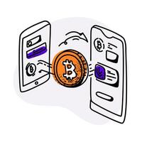 Modern cryptocurrency illustration featuring hands exchanging Bitcoin via a smartphone and a visual blockchain network. vector