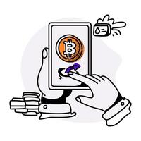 Flat Bitcoin transfer illustration showing hands exchanging cryptocurrency through a smartphone, emphasizing blockchain technology vector