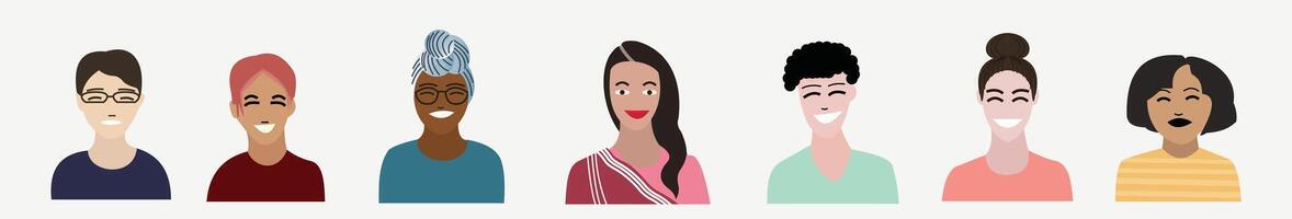 Illustration of a collection of female facial character designs with different characteristics such as differences in skin color, hair length, and traditional clothes. vector