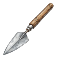 Gardening trowel with sharp metal blade and wooden handle png