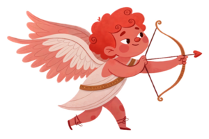 Cute red cupid with wings holding bow and arrow, ready to shoot. This charming character embodies love and playfulness, perfect for romantic themes png