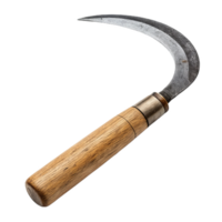 small hand sickle with sharp curved blade and wooden handle png