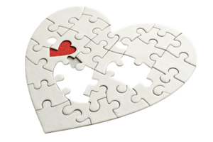 heart shaped puzzle with missing piece symbolizes love and connection. red piece stands out, representing importance of completing picture png