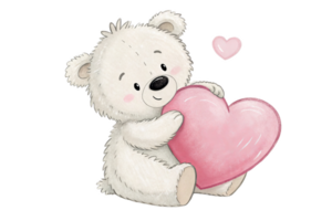 fluffy white teddy bear holding big pink heart, exuding warmth and affection. This adorable character is perfect for conveying love and comfort png