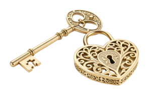 heart shaped lock and key in gold, featuring intricate designs and elegant details, symbolizing love and security. Perfect for romantic themes and decorative purposes png