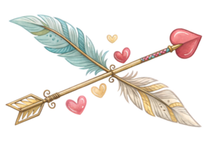 beautifully illustrated cupid arrow adorned with colorful feathers and heart shaped tips, symbolizing love and affection. Perfect for romantic themes png