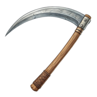 detailed illustration of curved scythe with wooden handle png
