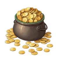 pot of gold overflowing with shiny coins, symbolizing wealth and fortune png
