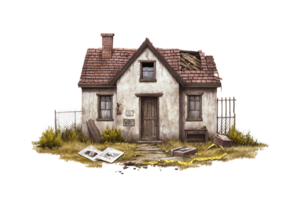 Rustic abandoned house with damaged roof, overgrown yard, isolate background. png