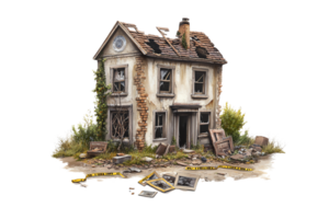 Old abandoned house in ruin with broken windows and roof, surrounded by overgrown plants. png