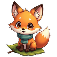 Cute cartoon fox is sitting on a leaf with a scarf png
