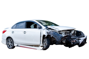 Car crash, Full body front and side view of white car get damaged by accident on the road. damaged cars after collision. Isolated on transparent background. File png