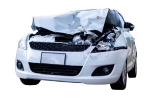 Car Broken,Full body front and side view of white car get damaged by accident on the road. damaged cars after collision. Isolated on transparent background, File png