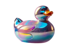3D chrome element in Y2K style, isolated background, liquid holographic metal. Duck made of glass and has a rainbow-colored design. png
