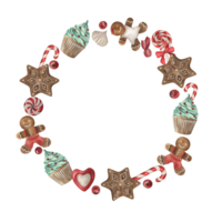 A wreath of homemade Christmas pastries and sweets. Candies, lollipops, gingerbread, cupcakes, berries are hand-painted in watercolor on a white background. For holiday design, packaging, invitations png