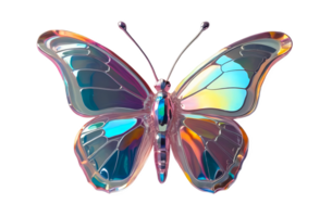 3D chrome element in Y2K style, isolated background, liquid holographic metal. A butterfly with a rainbow colored body and wings made of glass, shiny reflective surface. png