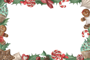 A rectangular frame decorated with Christmas sweets. Cupcake, gingerbread, candy, lollipop, meringue, holly, berry, anise are hand-drawn in watercolor. The illustration is in red, brown, green colors png