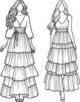 Grils Chic Asymmetrical Tiered Maxi Gown Sketch vector
