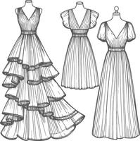 Tiered Maxi Gown with Lace Overlay Line Art vector