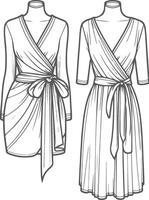 Retro High-Low Wrap Dress Line Art vector
