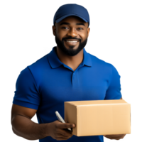 Delivery Man Smiling with a Cardboard Box and Pen on Transparent Background png